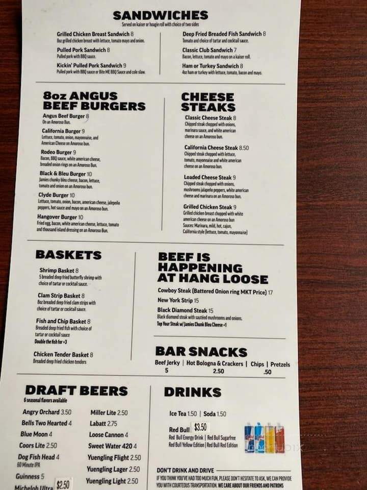 Hang Loose Bar & Grill - Tamaqua, PA menu_pic