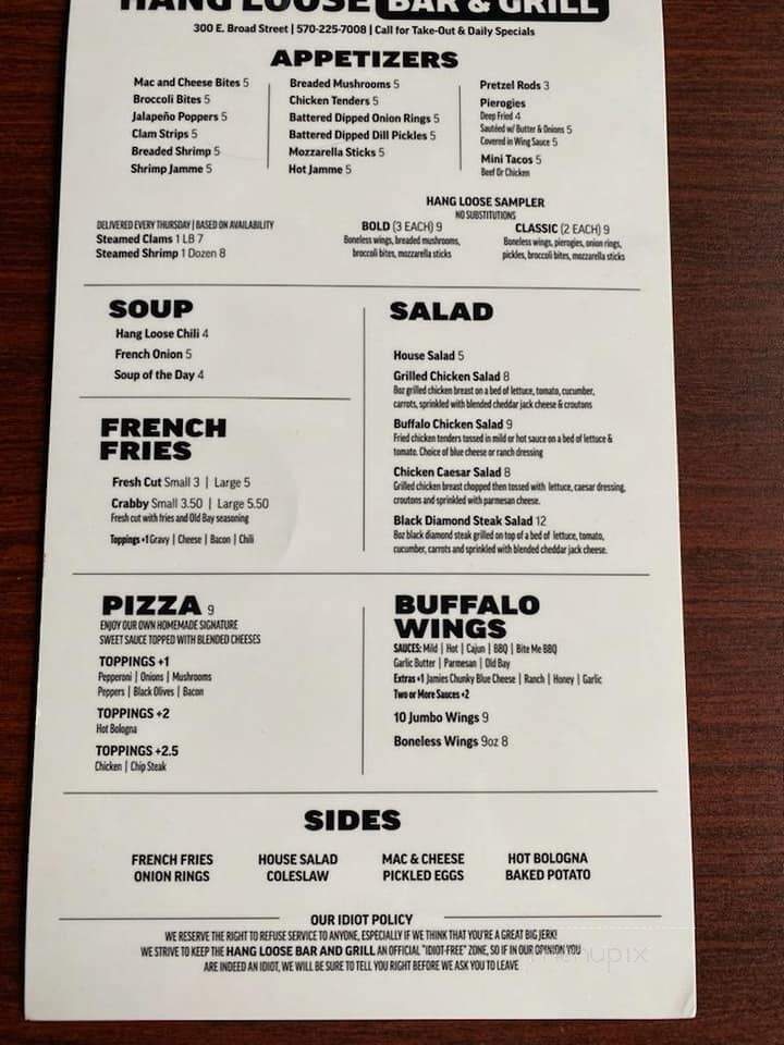 Hang Loose Bar & Grill - Tamaqua, PA menu_pic