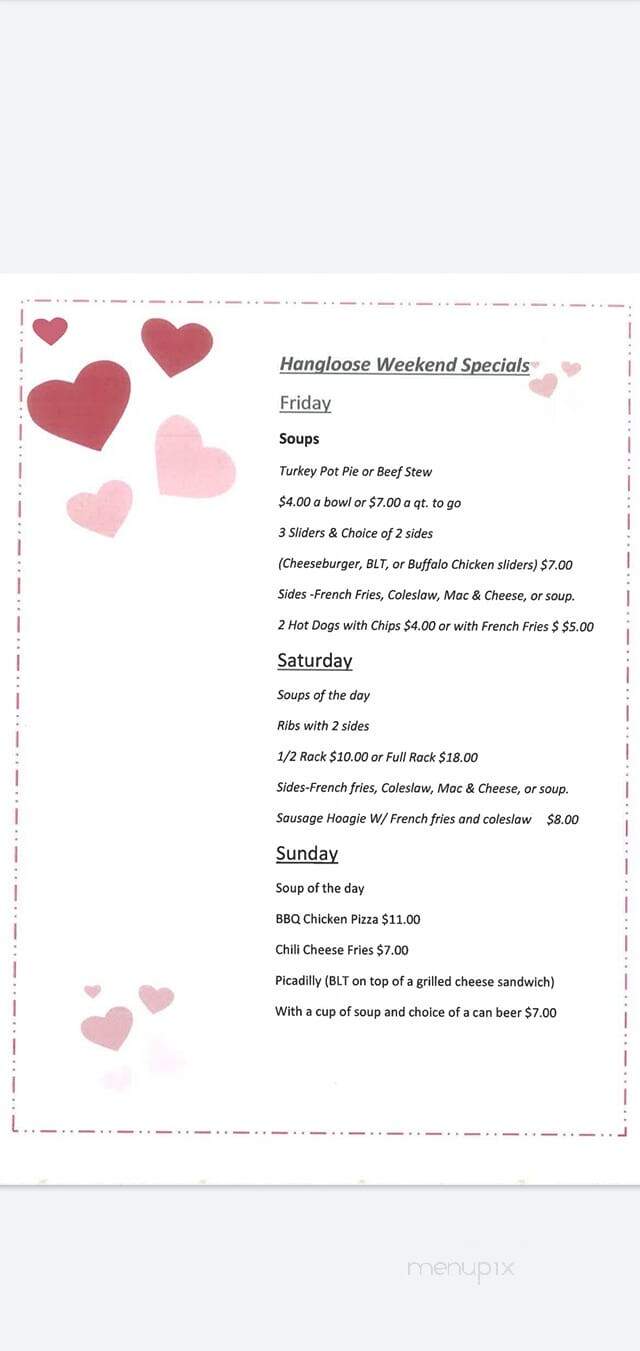 Hang Loose Bar & Grill - Tamaqua, PA menu_pic