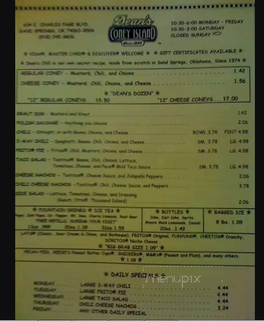 Dean's Coney Island - Sand Springs, OK menu_pic