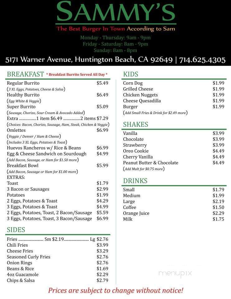 Sammy's Burgers and Subs - Huntington Beach, CA menu_pic