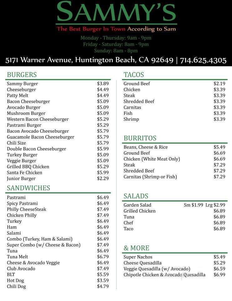 Sammy's Burgers and Subs - Huntington Beach, CA menu_pic