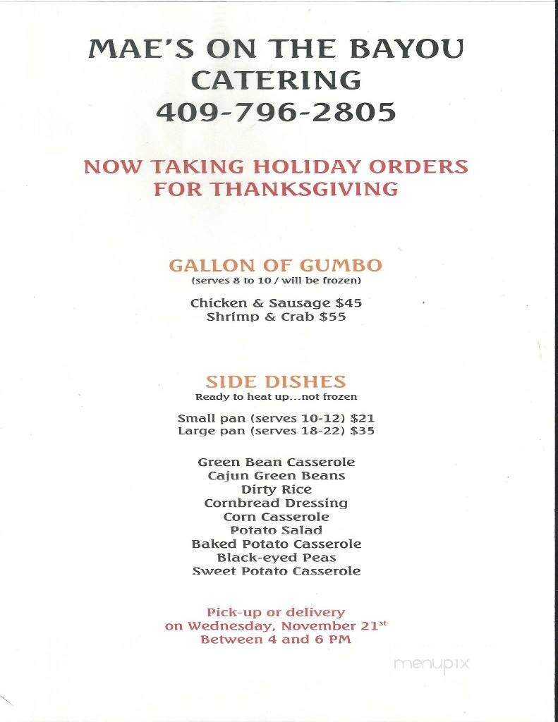 Mae's On the Bayou - Beaumont, TX menu_pic