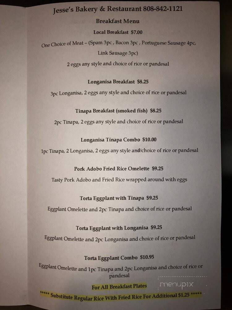 Jesse's Bakery - Honolulu, HI menu_pic