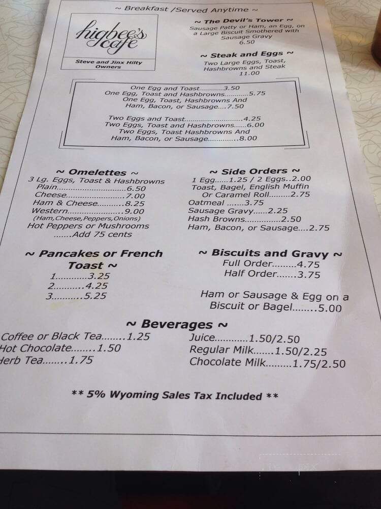 Higbee's Cafe - Sundance, WY menu_pic
