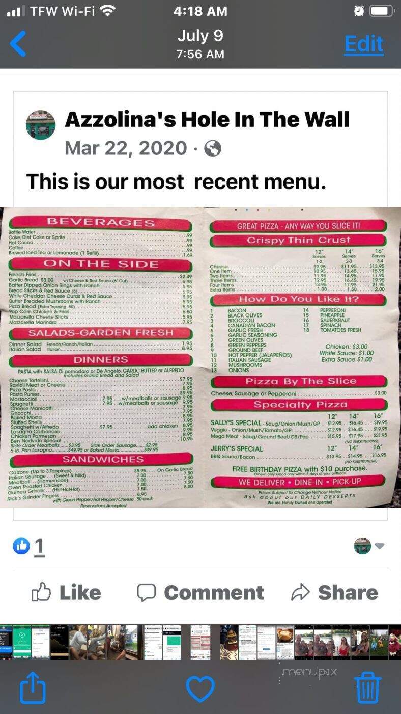 Azzolina's Hole In The Wall - Clear Lake, IA menu_pic