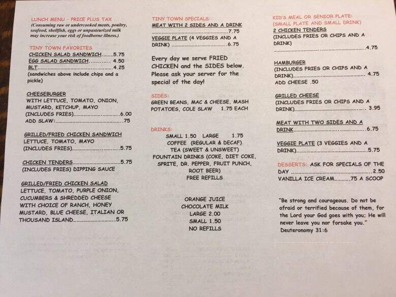 Tiny Town Restaurant - Homer, GA menu_pic