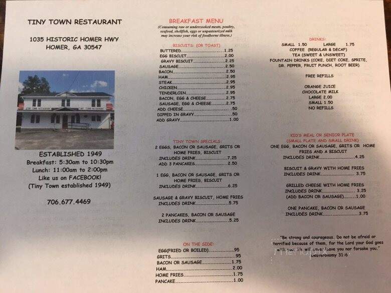 Tiny Town Restaurant - Homer, GA menu_pic
