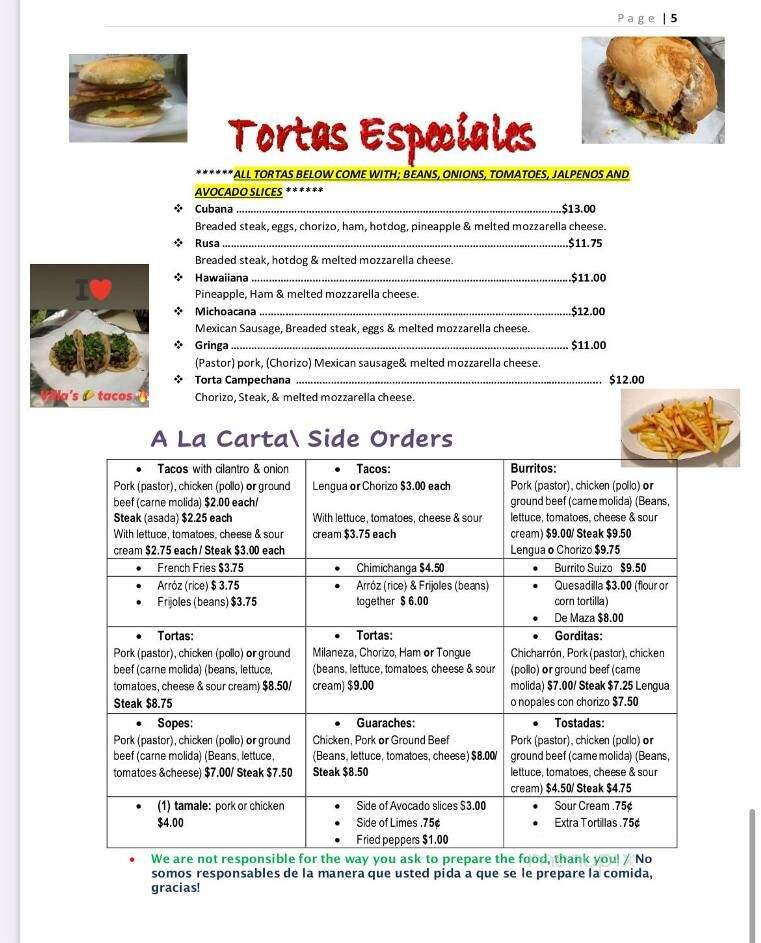 Villa's Restaurant - Milwaukee, WI menu_pic