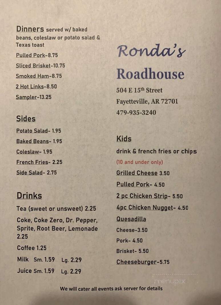 Ronda's Roadhouse - Fayetteville, AR menu_pic