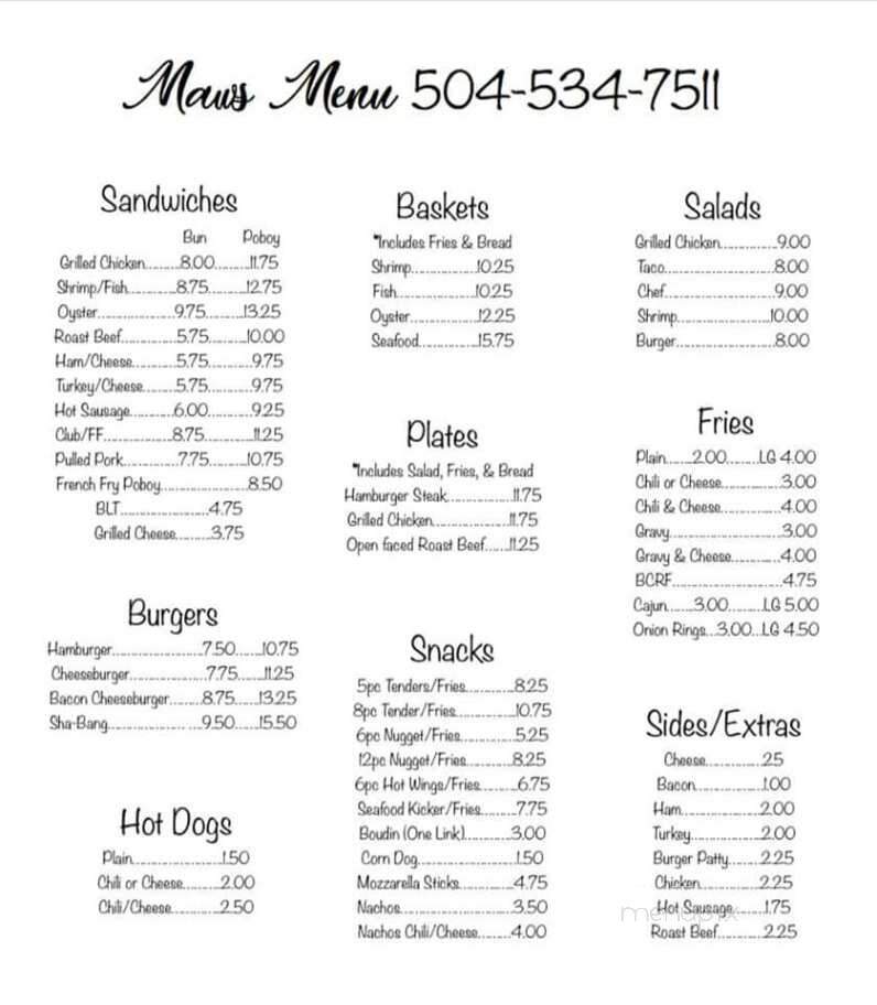 Maw's Sandwich & Snack Shop - Buras, LA menu_pic