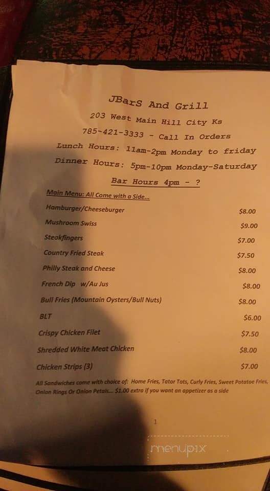 J Bar S - Hill City, KS menu_pic