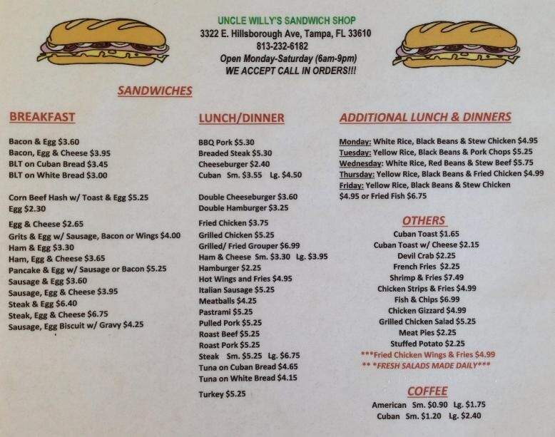 Uncle Willie's Sandwich Shop - Tampa, FL menu_pic