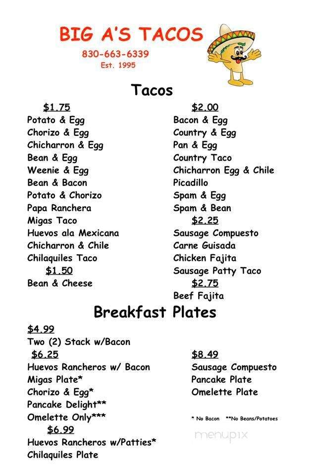 Online Menu of Big A's Tacos, Devine, TX