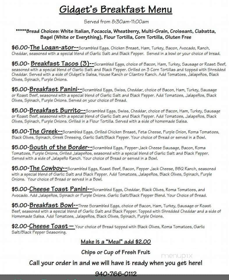 Gidgets Sandwich Shack - Wichita Falls, TX menu_pic