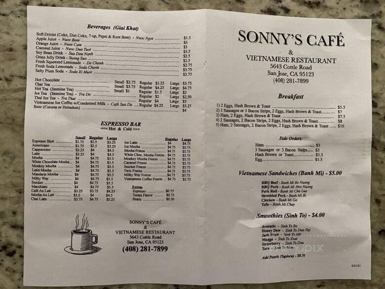 Sonny's Cafe - San Jose, CA menu_pic