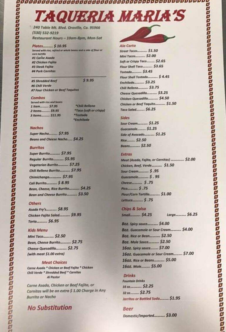 Taqueria Maria's - Oroville, CA menu_pic