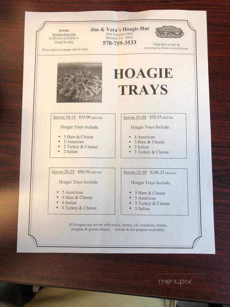 Jim & Vera's Hoagie Hut - Bloomsburg, PA menu_pic
