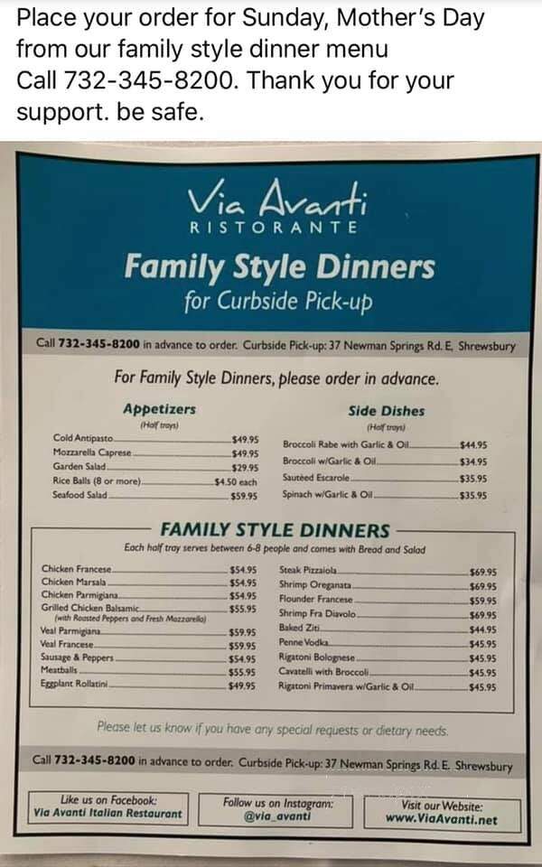 Via Avanti Restorante - Shrewsbury, NJ menu_pic