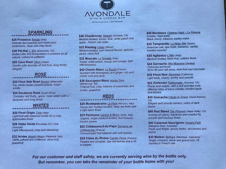 Avondale Wine & Cheese - Charleston, SC menu_pic