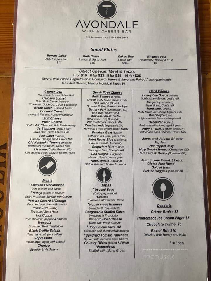 Avondale Wine & Cheese - Charleston, SC menu_pic