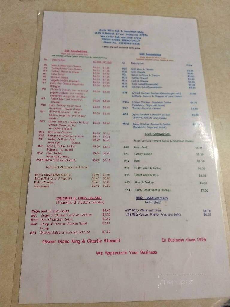 Uncle Bill's Sub & Sandwich - Selma, NC menu_pic