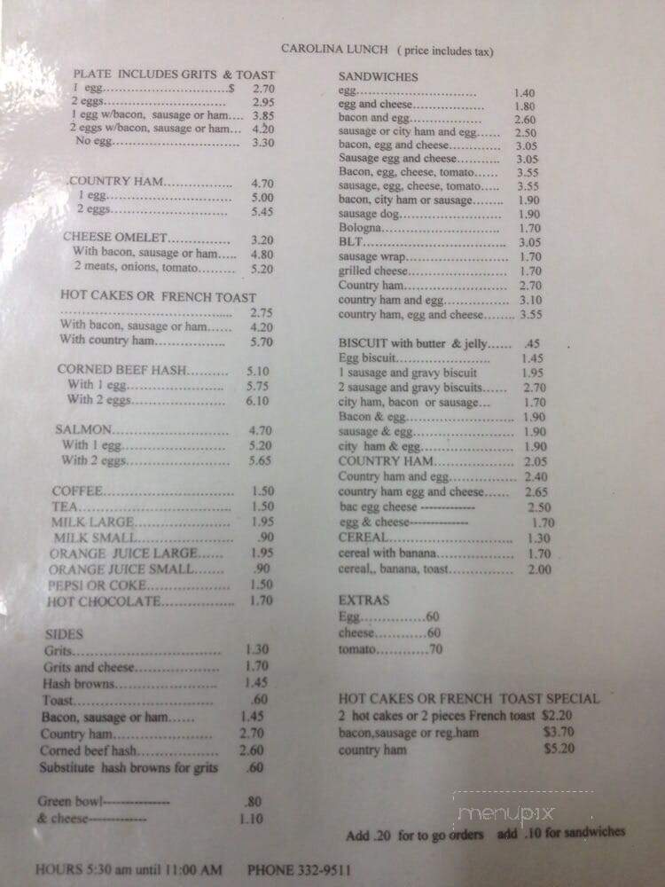 Carolina Lunch - Hartsville, SC menu_pic