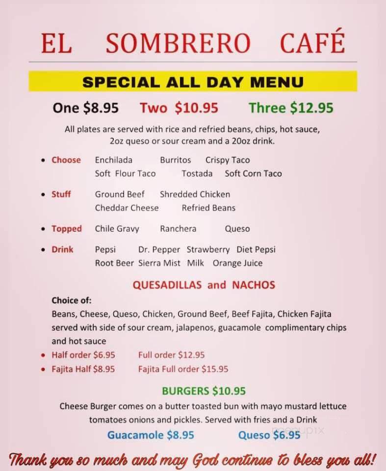 El Sombrero Cafe - Hitchcock, TX menu_pic
