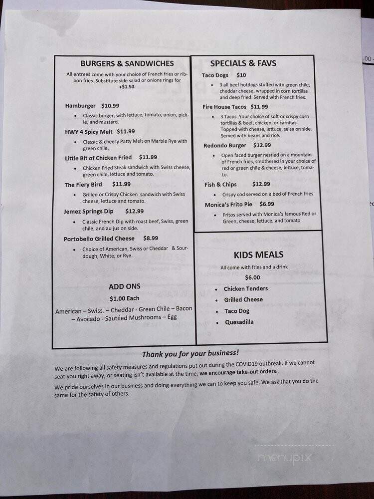 Monica's Firehouse Grill - Jemez Springs, NM menu_pic