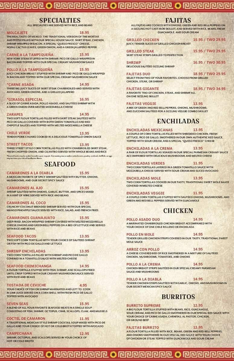 Girasol Family Mexican Restaurant & Cantina - Klamath Falls, OR menu_pic