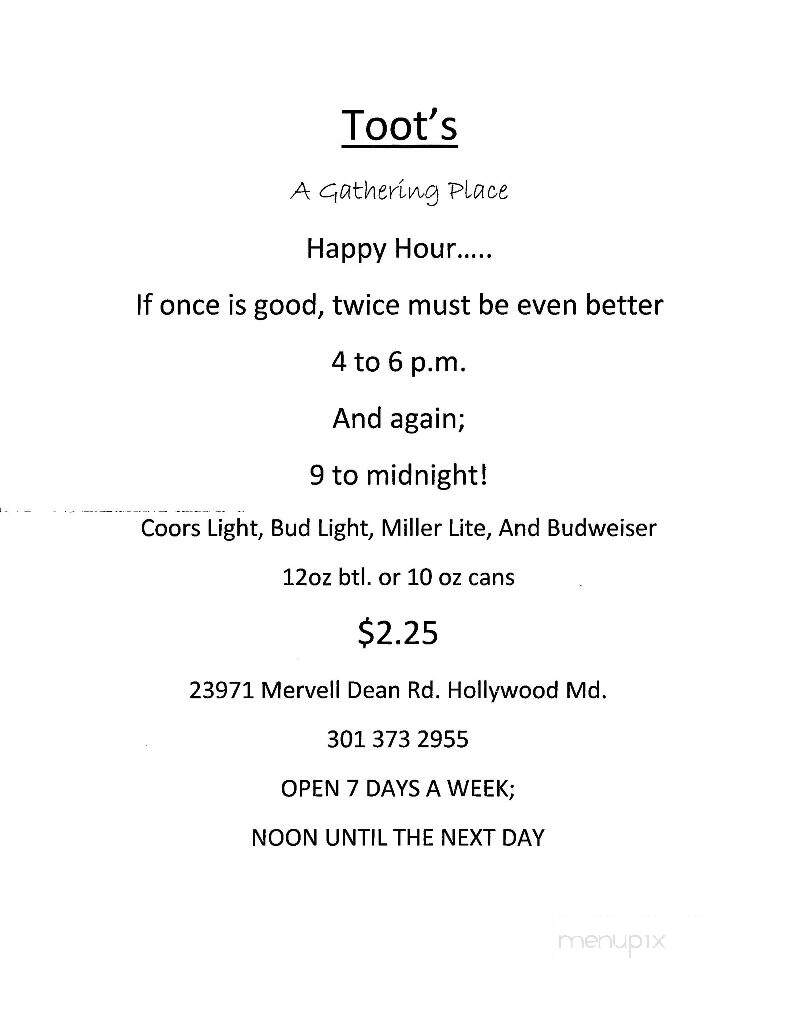 Toots Bar - Hollywood, MD menu_pic