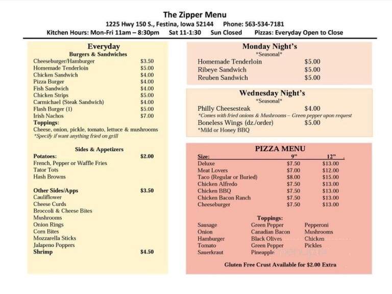 Zipper - Fort Atkinson, IA menu_pic