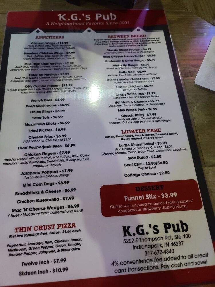 KGs Pub and Eatery - Indianapolis, IN menu_pic