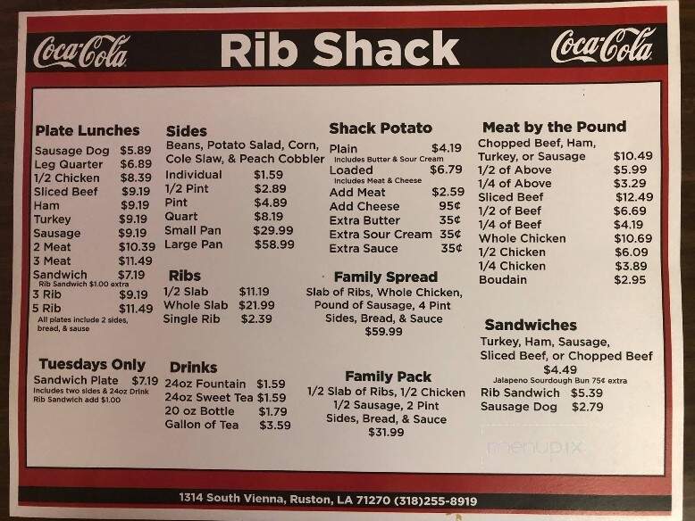 Rib Shack - Ruston, LA menu_pic