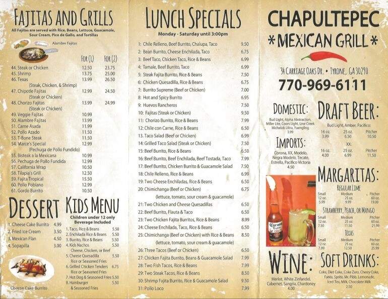 Chapultepec Mexican Grill - Tyrone, GA menu_pic