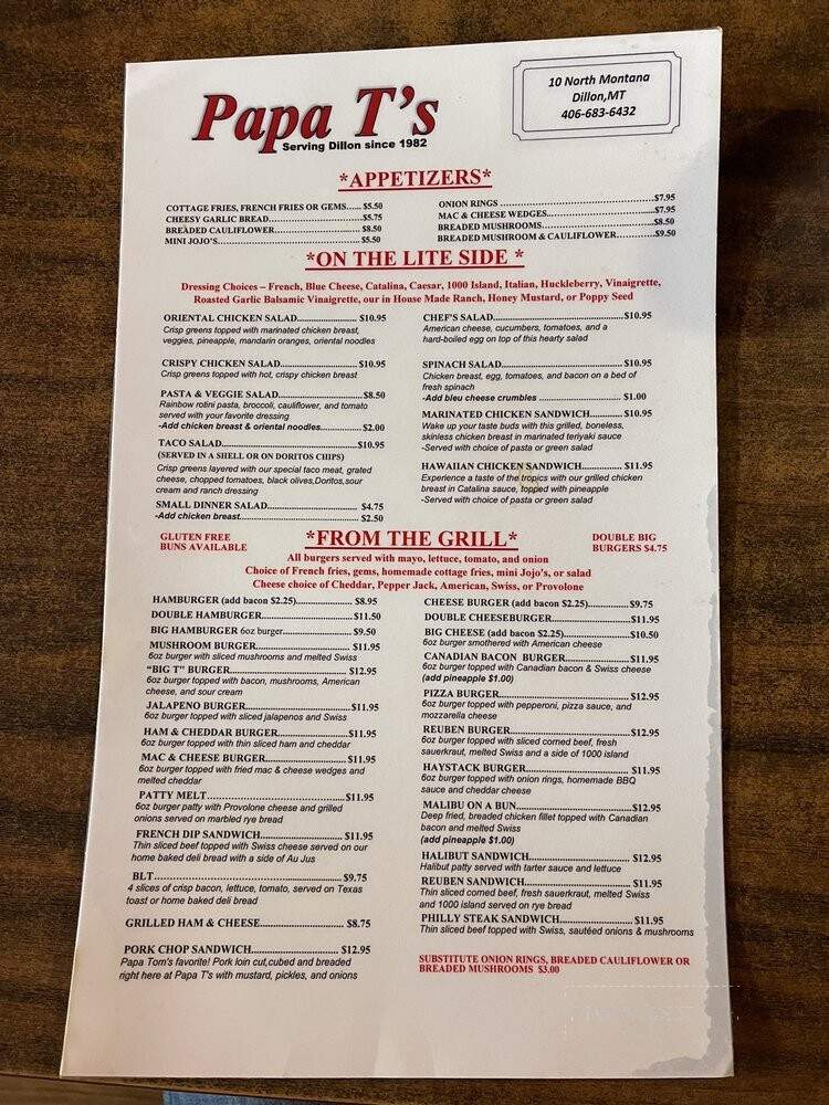 Papa T's - Dillon, MT menu_pic