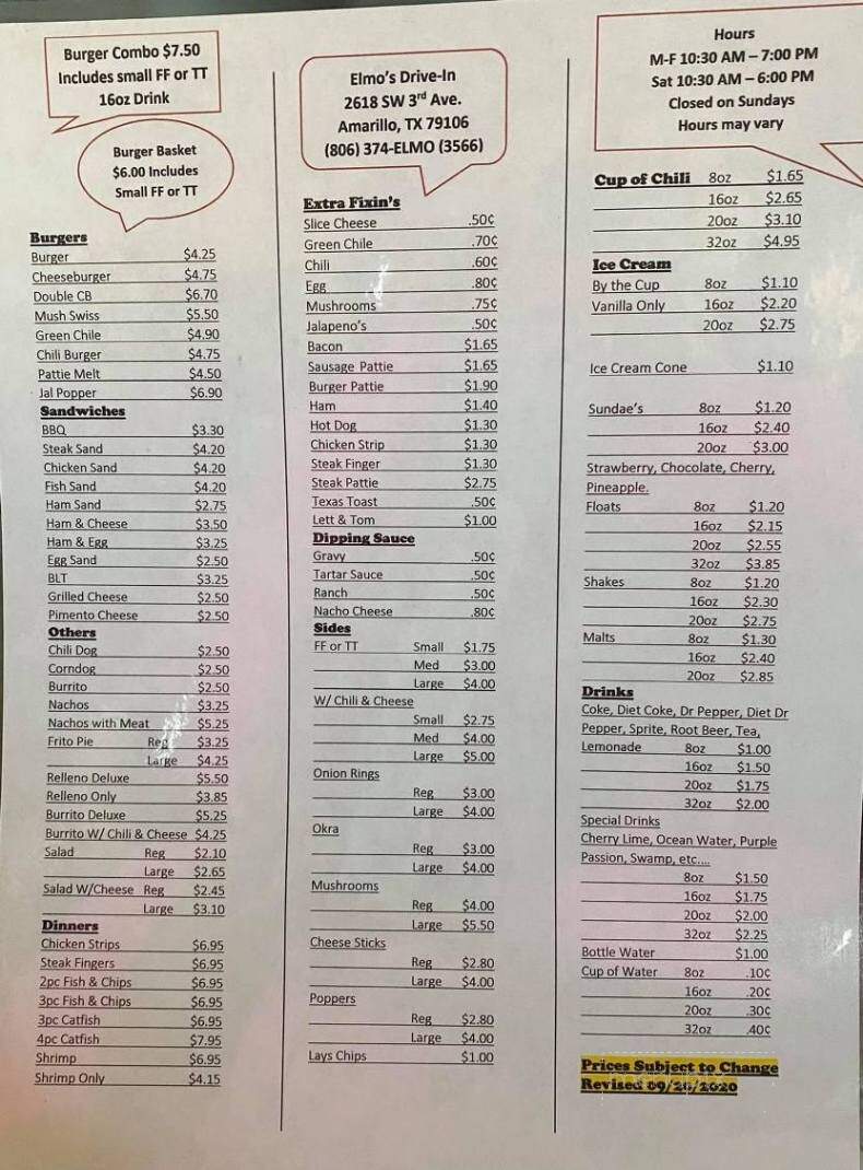 Elmo's Drive In - Amarillo, TX menu_pic
