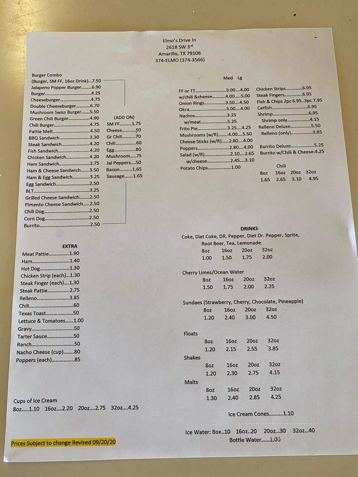 Elmo's Drive In - Amarillo, TX menu_pic