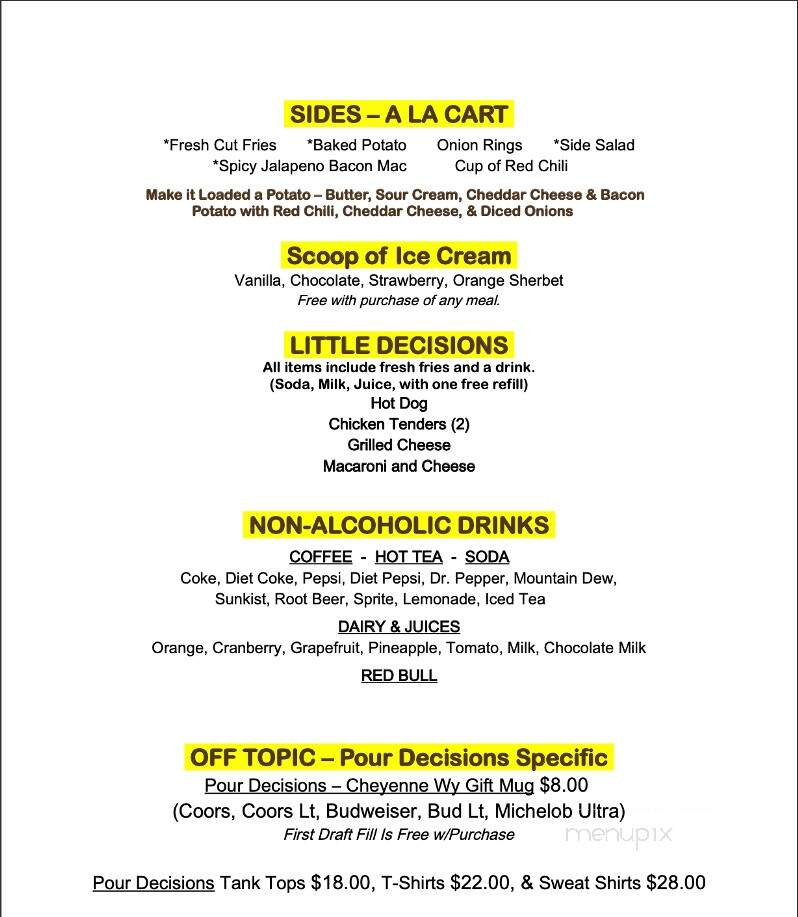 Pour Decisions Bar & Grill - Cheyenne, WY menu_pic