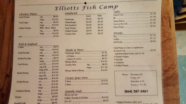 Elliott's Fish Camp - Fair Play, SC menu_pic