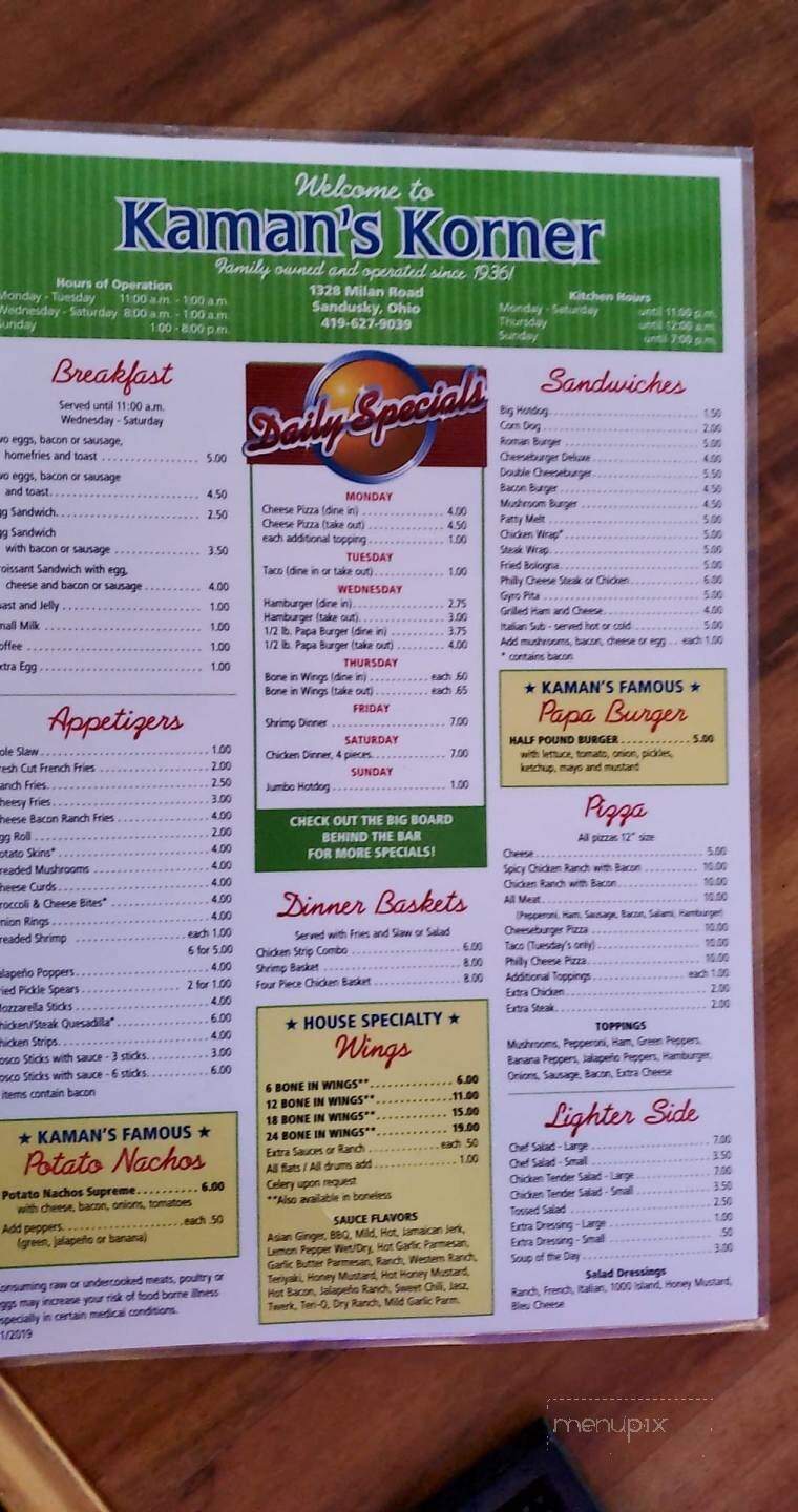 Kaman's Korner - Sandusky, OH menu_pic