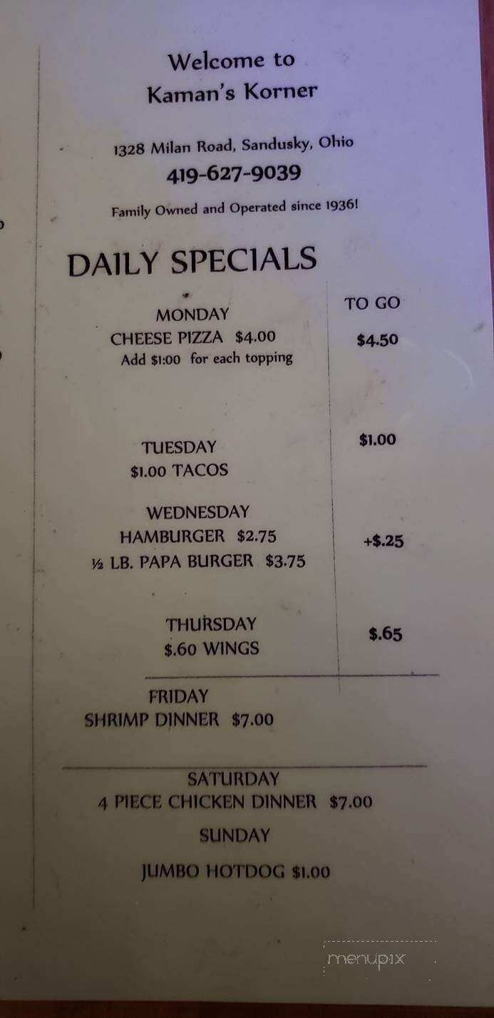 Kaman's Korner - Sandusky, OH menu_pic