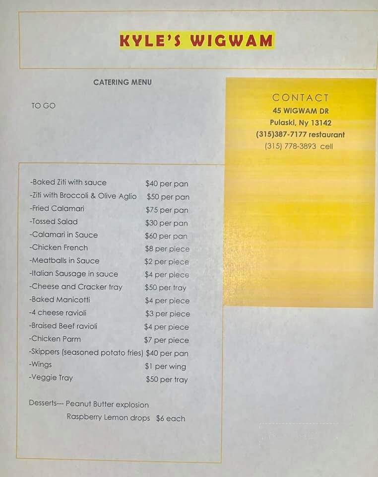 Kyle's Wigwam - Pulaski, NY menu_pic