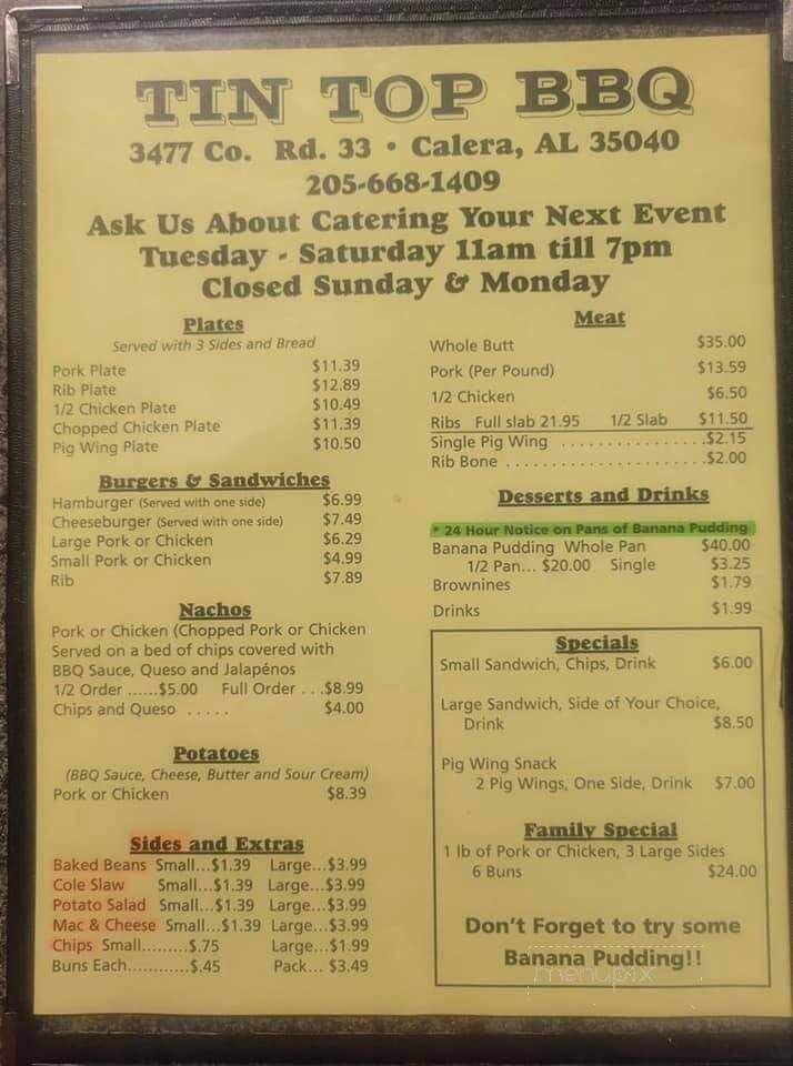 Tin Top - Calera, AL menu_pic