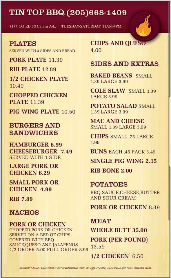 Tin Top - Calera, AL menu_pic