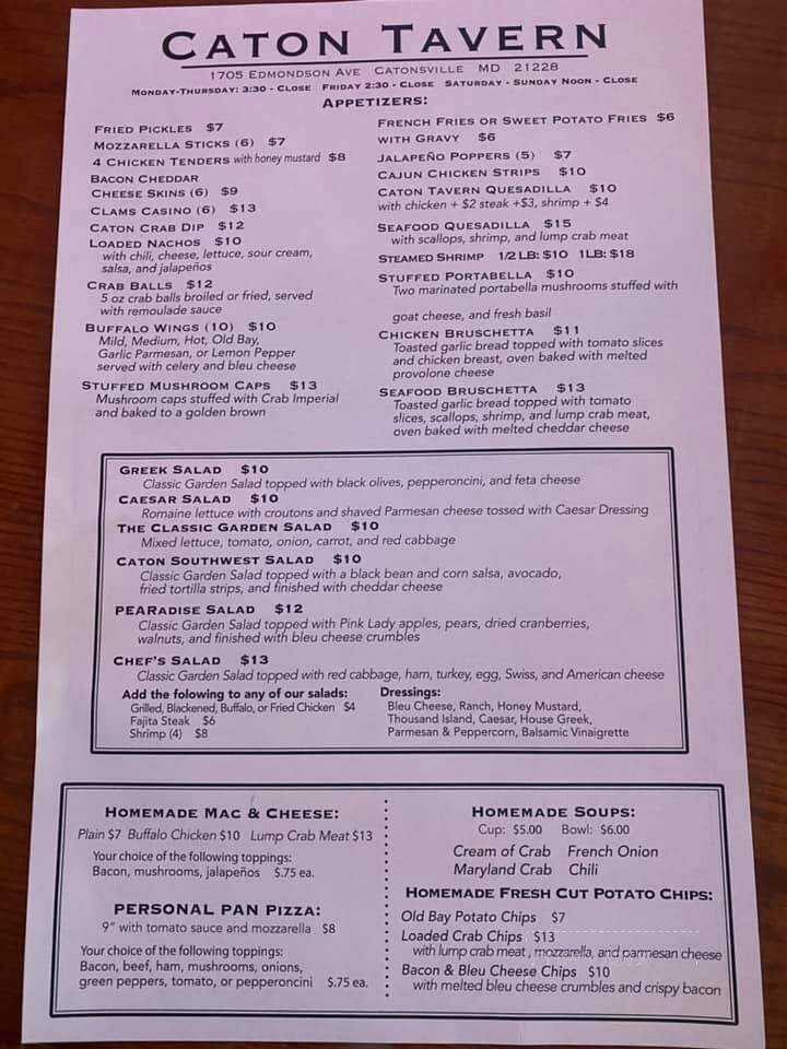 Caton Tavern & Restaurant - Catonsville, MD menu_pic