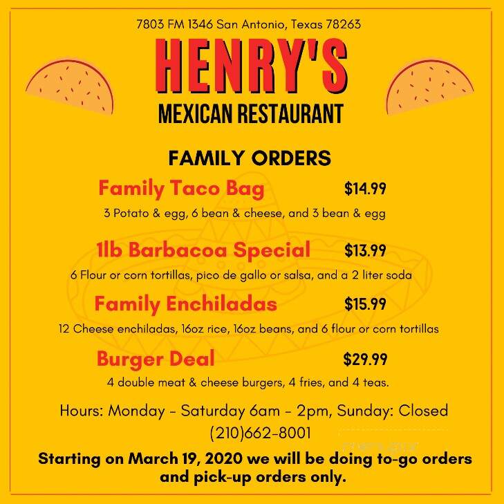 Henry's Mexican Restaurant - San Antonio, TX menu_pic