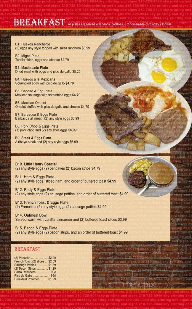 Henry's Mexican Restaurant - San Antonio, TX menu_pic