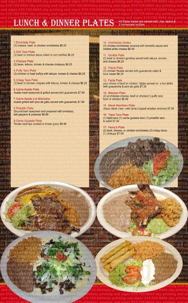 Henry's Mexican Restaurant - San Antonio, TX menu_pic