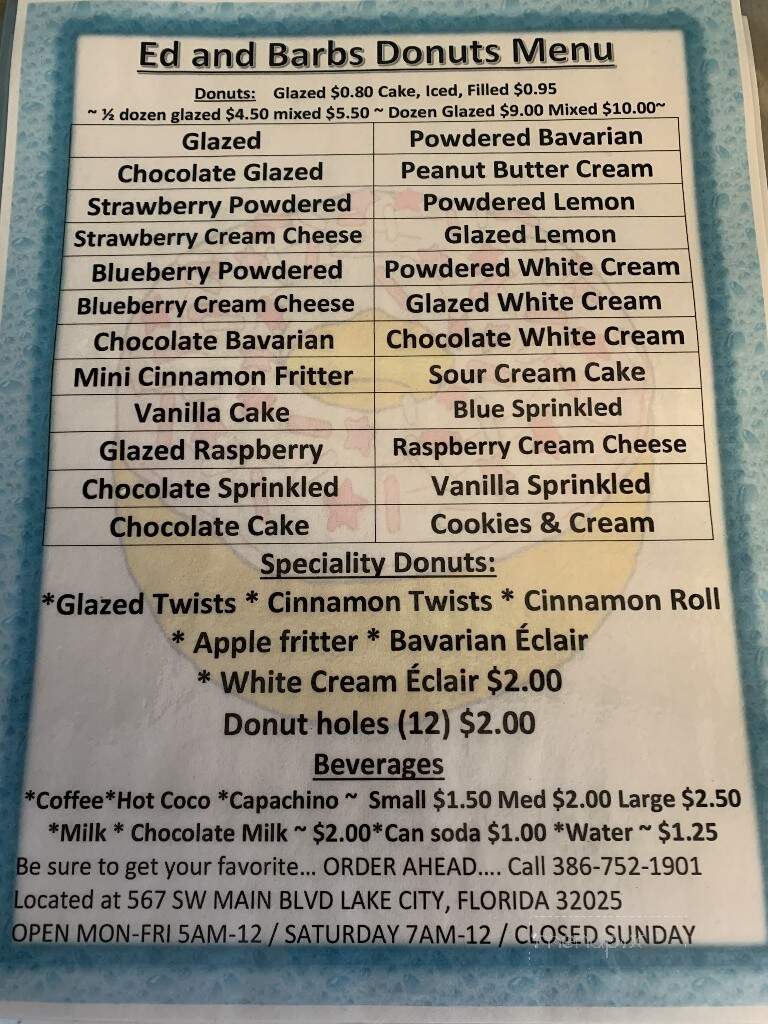 Ed & Barb Cream Donuts - Lake City, FL menu_pic